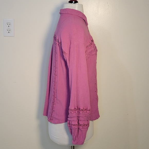Free People (Women's Large) Summer Stars Pink Cotton Modal Button Down Shirt - Picture 2 of 8